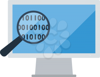 Data Analysing Icon. Magnifying Glass With Binary Code in Front of Monitor. Flat color design. Data series. Vector illustration.