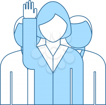 Voting Lady With Men Behind Icon. Thin Line With Blue Fill Design. Vector Illustration.