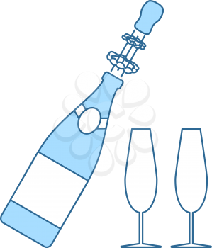 Party Champagne And Glass Icon. Thin Line With Blue Fill Design. Vector Illustration.