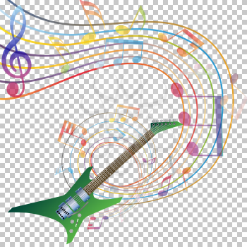 Musical notes staff background with guitar. Vector illustration. EPS 10 with transparency.