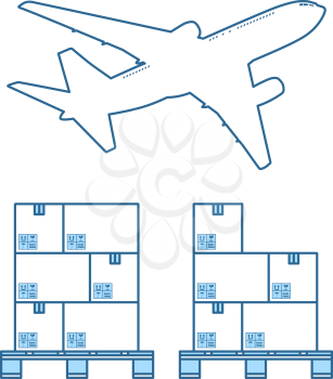 Boxes On Pallet Under Airplane. Thin Line With Blue Fill Design. Vector Illustration.
