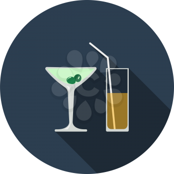 Coctail Glasses Icon. Flat Circle Stencil Design With Long Shadow. Vector Illustration.