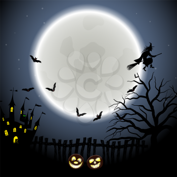 Happy Halloween Greeting Card. Elegant Design With Castle, Bats, Owl, Fence, Tree, Moon and Pumpkin  Over Orange Background. Vector illustration.