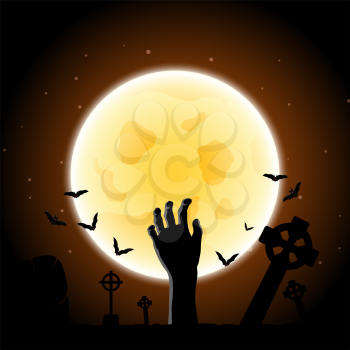 Happy Halloween Greeting Card. Elegant Design With Zombie Hand, Bat, Grave, Cemetery and Moon  Over Grunge Dark Blue Starry Sky Background. Vector illustration.