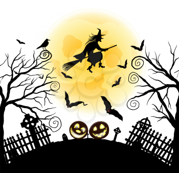 Happy Halloween Greeting Card. Elegant Design With Bats, Owl, Grave, Cemetery, Fence, Moon, Tree and Witch Over Grunge Dark Blue Starry Sky Background. Vector illustration.