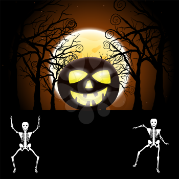 Happy Halloween Greeting Card. Elegant Design With Pumpkin, Moon, Tree and Skeleton Over Grunge Dark Blue Starry Sky Background. Vector illustration.