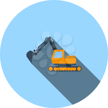 Icon Of Construction Excavator. Flat Circle Stencil Design With Long Shadow. Vector Illustration.