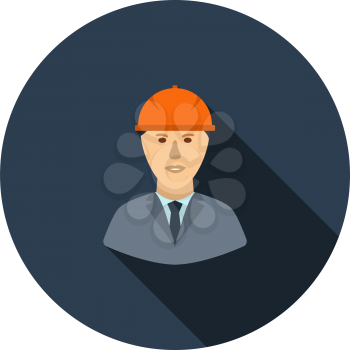 Icon Of Construction Worker Head In Helmet. Flat Circle Stencil Design With Long Shadow. Vector Illustration.