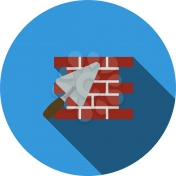 Icon Of Brick Wall With Trowel. Flat Circle Stencil Design With Long Shadow. Vector Illustration.