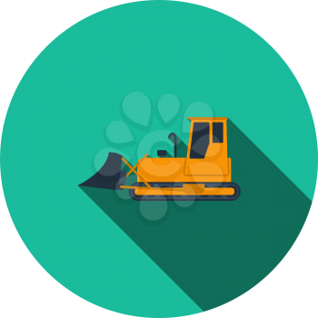 Icon Of Construction Bulldozer. Flat Circle Stencil Design With Long Shadow. Vector Illustration.
