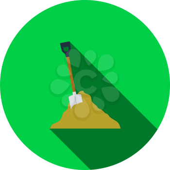 Icon Of Construction Shovel And Sand. Flat Circle Stencil Design With Long Shadow. Vector Illustration.
