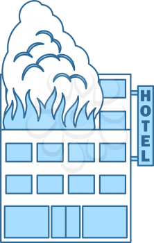 Hotel Building In Fire Icon. Thin Line With Blue Fill Design. Vector Illustration.