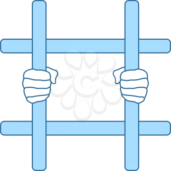 Hands Holding Prison Bars Icon. Thin Line With Blue Fill Design. Vector Illustration.