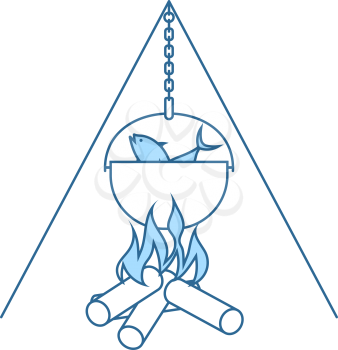 Icon Of Fire And Fishing Pot. Thin Line With Blue Fill Design. Vector Illustration.
