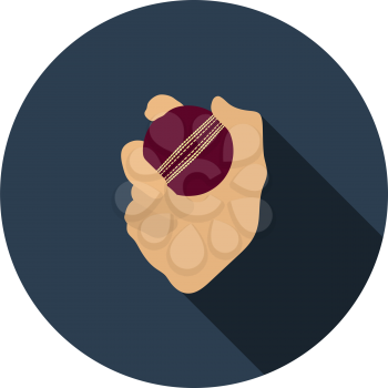 Hand Holding Cricket Ball Icon. Flat Circle Stencil Design With Long Shadow. Vector Illustration.