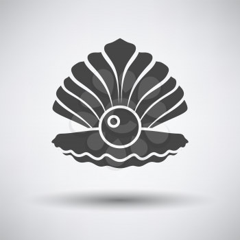 Open seashell icon on gray background with round shadow. Vector illustration.
