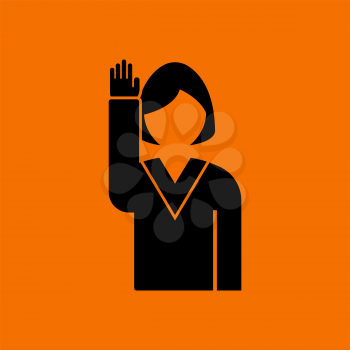 Voting Lady Icon. Black on Orange Background. Vector Illustration.