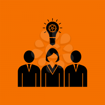 Corporate Team Finding New Idea With Woman Leader Icon. Black on Orange Background. Vector Illustration.