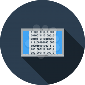 Laptop With Binary Code Icon. Flat Circle Stencil Design With Long Shadow. Vector Illustration.
