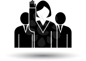 Voting Lady With Men Behind Icon. Black on White Background With Shadow. Vector Illustration.