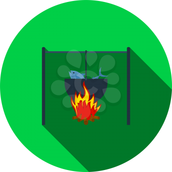 Icon Of Fire And Fishing Pot. Flat Circle Stencil Design With Long Shadow. Vector Illustration.