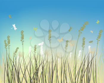 Fall (Autumn) Meadow Background  With Flying Butterflies. Vector Illustration.