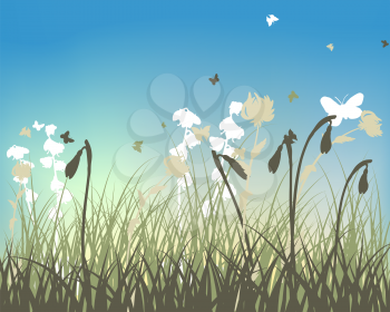 Fall (Autumn) Meadow Background  With Flying Butterflies. Vector Illustration.
