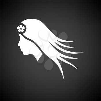 Woman Head With Flower In Hair Icon. White on Black Background. Vector Illustration.