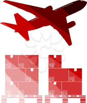 Boxes On Pallet Under Airplane. Flat Color Ladder Design. Vector Illustration.