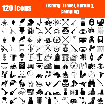 Set of 120 icons. Fishing, Travel, Hunting, Camping themes. Black Color Stencil Design. Vector Illustration.