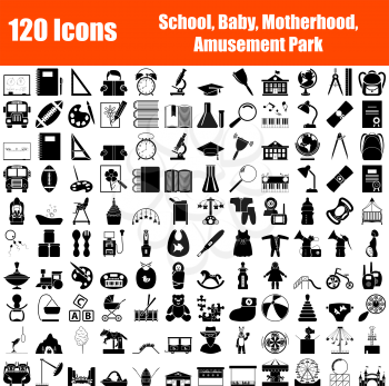 Set of 120 Icons. School, Baby, Motherhood, Amusement Park themes. Black Color Stencil Design. Vector Illustration.