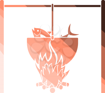 Icon Of Fire And Fishing Pot. Flat Color Ladder Design. Vector Illustration.