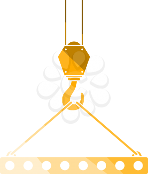 Icon Of Slab Hanged On Crane Hook By Rope Slings. Flat Color Ladder Design. Vector Illustration.