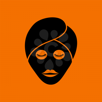 Woman Head With Moisturizing Mask Icon. Black on Orange Background. Vector Illustration.