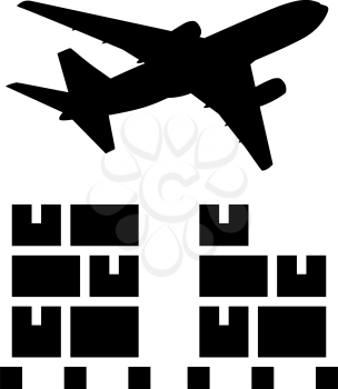 Boxes On Pallet Under Airplane. Black Stencil Design. Vector Illustration.