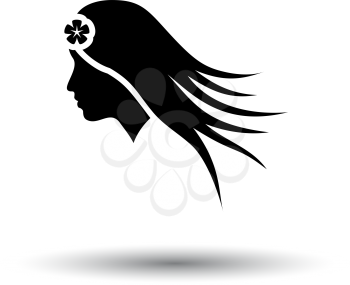 Woman Head With Flower In Hair Icon. Black on White Background With Shadow. Vector Illustration.