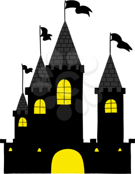 Halloween black castle with yellow windows. Vector illustration.