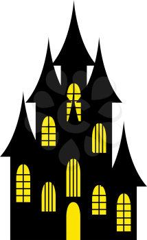 Halloween black castle with yellow windows. Vector illustration.