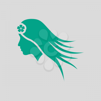 Woman Head With Flower In Hair Icon. Green on Gray Background. Vector Illustration.