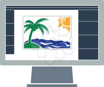 Icon Of Photo Editor On Monitor Screen. Flat Color Design. Vector Illustration.