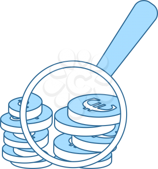 Magnifying Over Coins Stack Icon. Thin Line With Blue Fill Design. Vector Illustration.