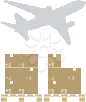 Boxes On Pallet Under Airplane. Flat Color Design. Vector Illustration.