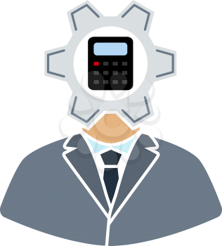 Analyst With Gear Hed And Calculator Inside Icon. Flat Color Design. Vector Illustration.