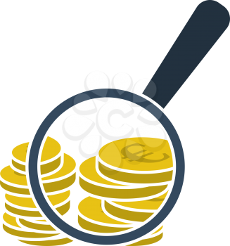 Magnifying Over Coins Stack Icon. Flat Color Design. Vector Illustration.
