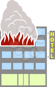 Hotel Building In Fire Icon. Flat Color Design. Vector Illustration.