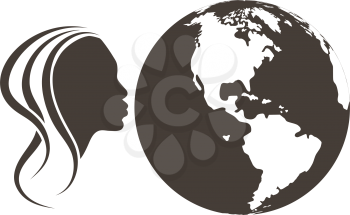 Earth day emblem with girl kissing planet. Vector illustration. 