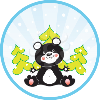 Royalty Free Clipart Image of a Panda Bear and Evergreens
