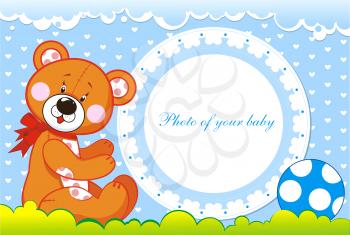 Royalty Free Clipart Image of a Baby Photo Frame With a Bear and Ball