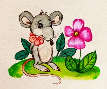 Royalty Free Photo of a Watercolour of a Rat With a Flower
