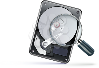 Royalty Free Clipart Image of a Magnifying Glass on a Hard Drive